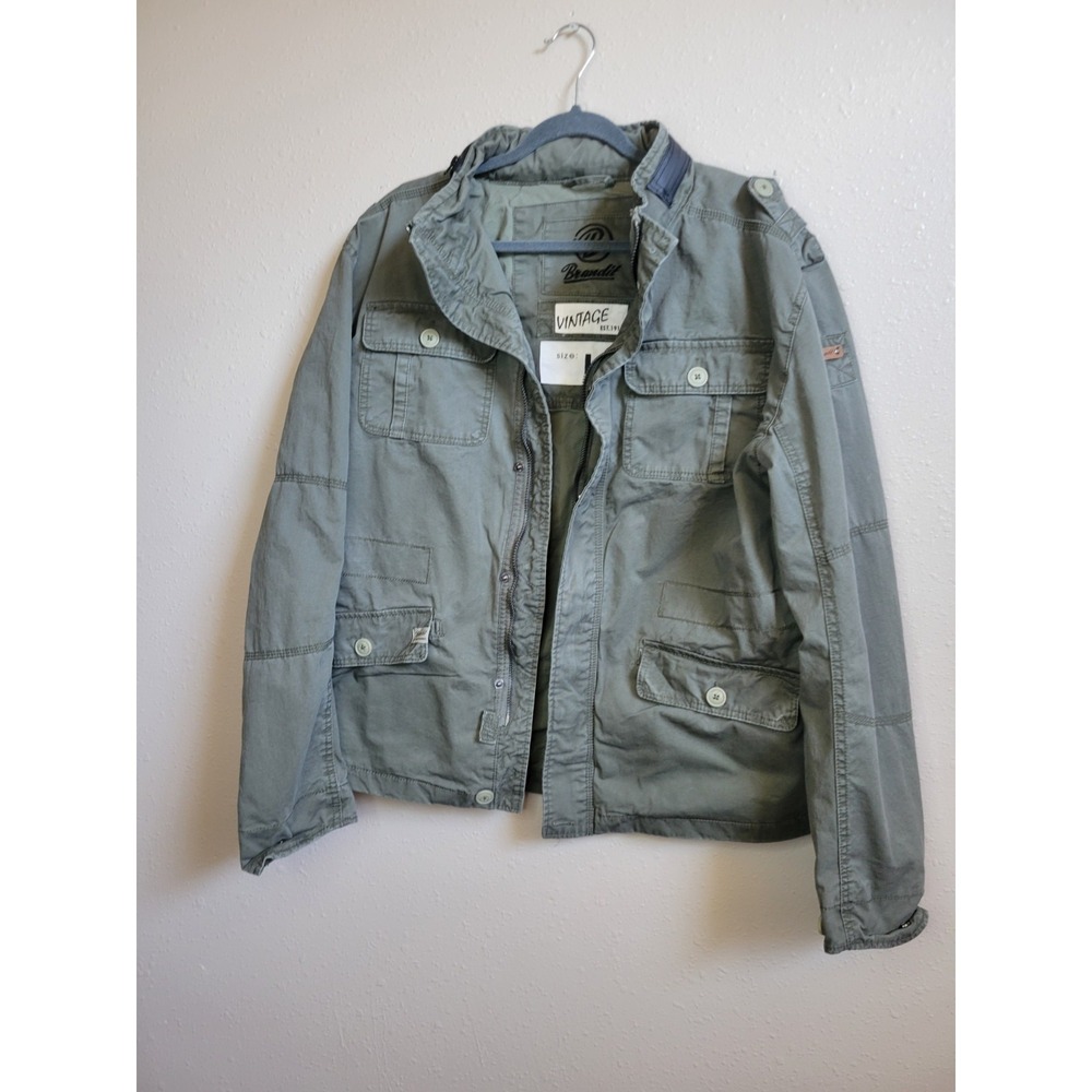 Brandit Retro Hooded Military Jacket Men's Sz L Olive Green Twill‎ Full Zip Snap